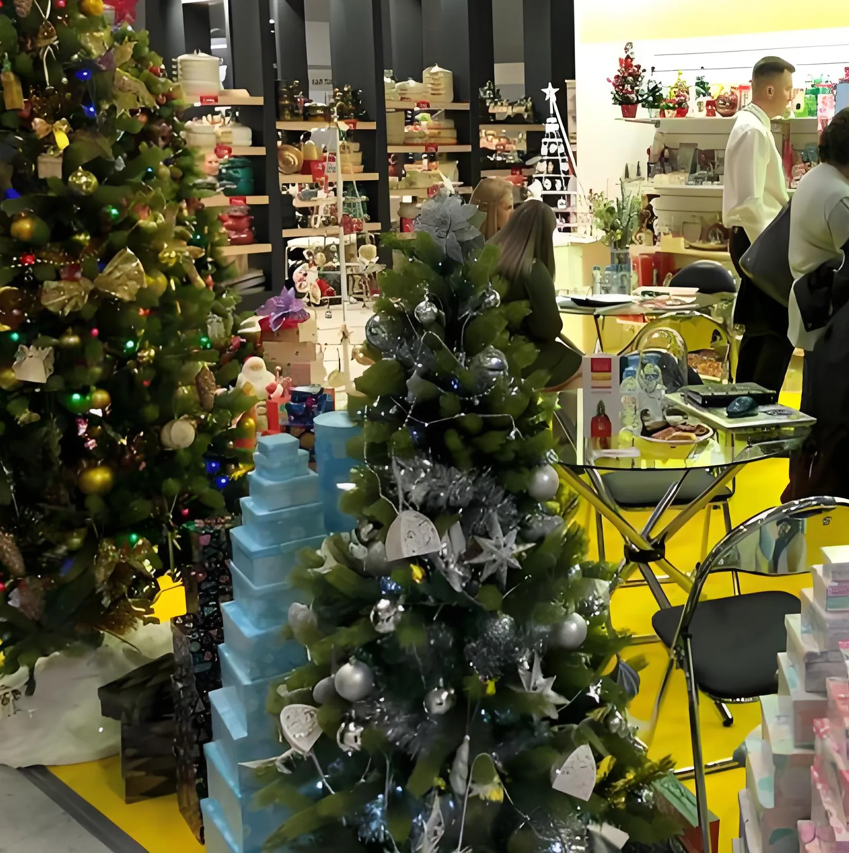 Festive Christmas trees and holiday decorations on display at the Frankfurt Trade Show