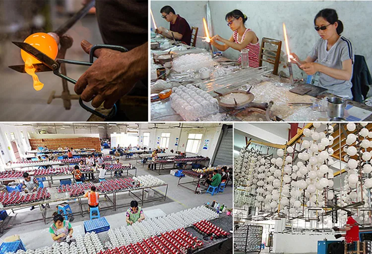 Glassblower shaping molten glass, workers refining glass pieces, factory assembly line for quality inspection, finished glass Christmas ornaments on display