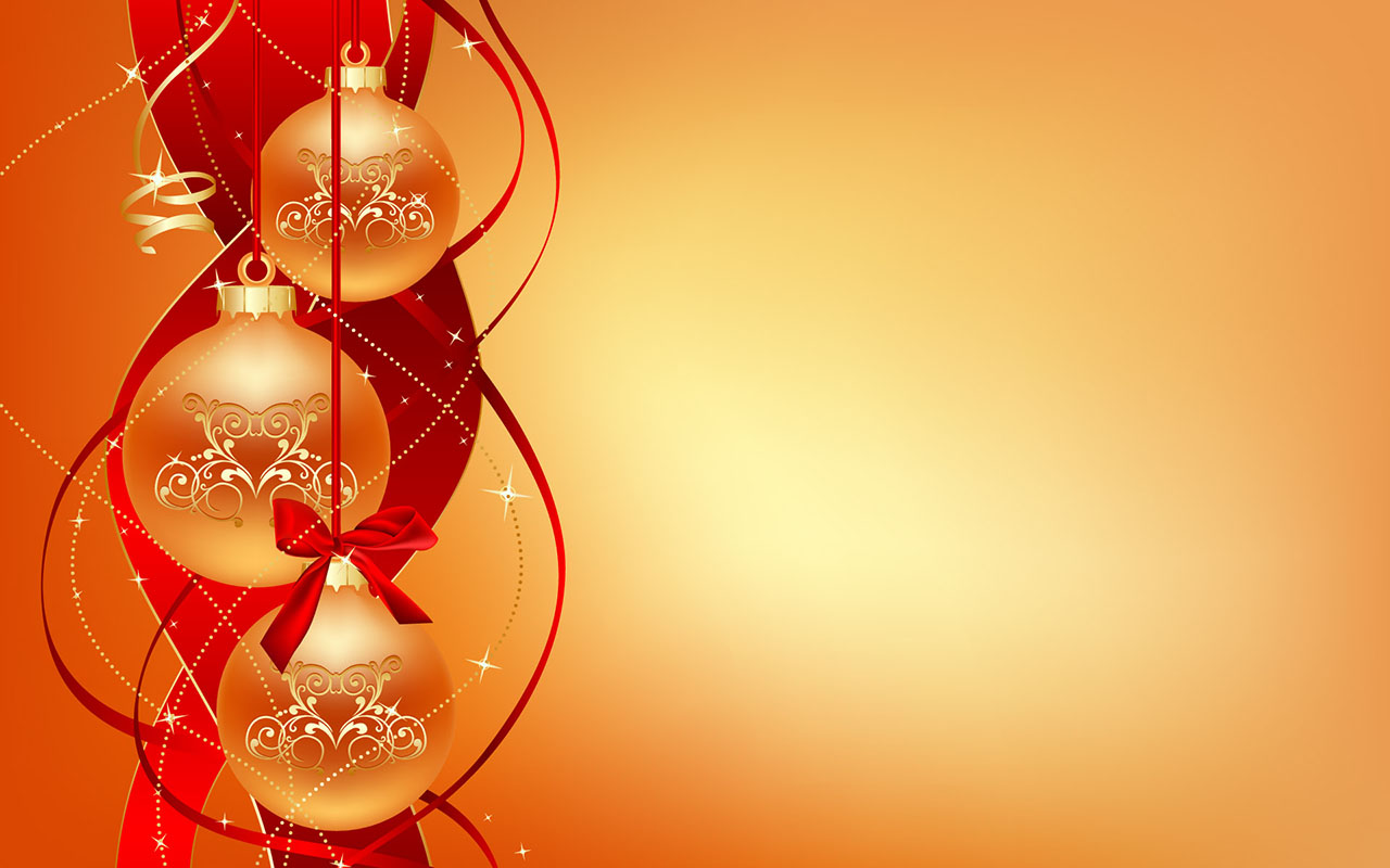 Three golden Christmas ornaments with intricate patterns, hanging from red ribbons on a gradient orange and gold background with sparkling stars.