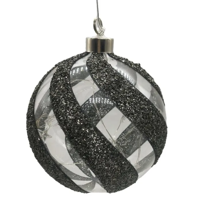 This product is a 15CM battery operated LED glass ball ornament with glitter and ribbon design for Christmas tree decoration. It's a great way to add a touch of sparkle to your Christmas tree!