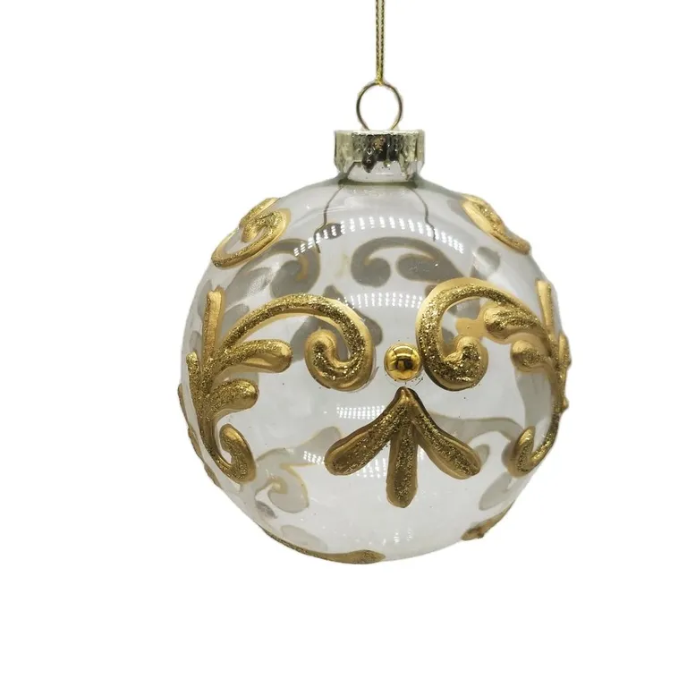 8cm clear glass Christmas ornament ball with golden pattern, for Xmas tree decorations.