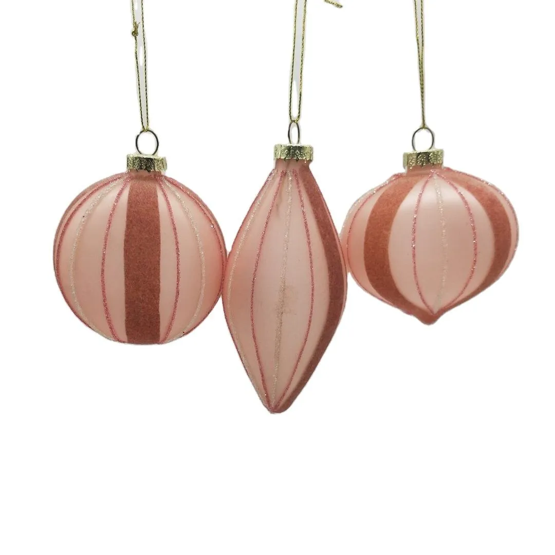 Pink striped glass Christmas ornaments for wholesale, 80mm round, onion shape, hanging globe, festival gift decoration.