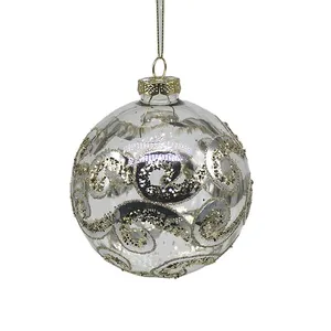 This glass ball ornament is an elegant addition to any Christmas tree, with its 80mm size, silver finish, and intricate gold swirl pattern. It's perfect for wholesale purchases, adding a touch of festive cheer to your holiday decor.