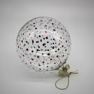 This product has a classic Christmas style, with a clear glass ball and red and silver dots.