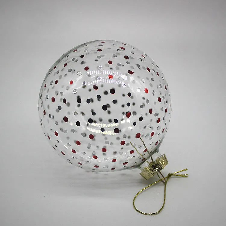 This product has a classic Christmas style, with a clear glass ball and red and silver dots.