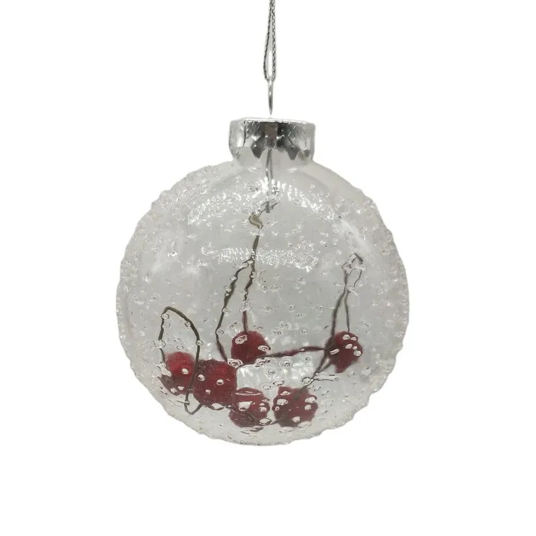 This product is an 8cm clear glass Christmas bauble ornament with red berries inside, perfect for decorating your Christmas tree, home, or holiday party. This ornament is made of high-quality glass and features a delicate, elegant design.