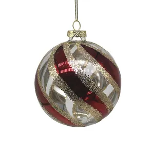 Wholesale 8cm clear glass Christmas ornament ball, featuring red and gold stripes, perfect for holiday decorations and Christmas tree adornments.