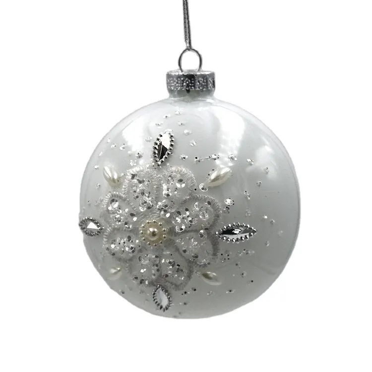 8cm pearl white glass Christmas ball ornament with silver snowflake design, perfect for decorating Xmas trees, wholesale orders welcome.