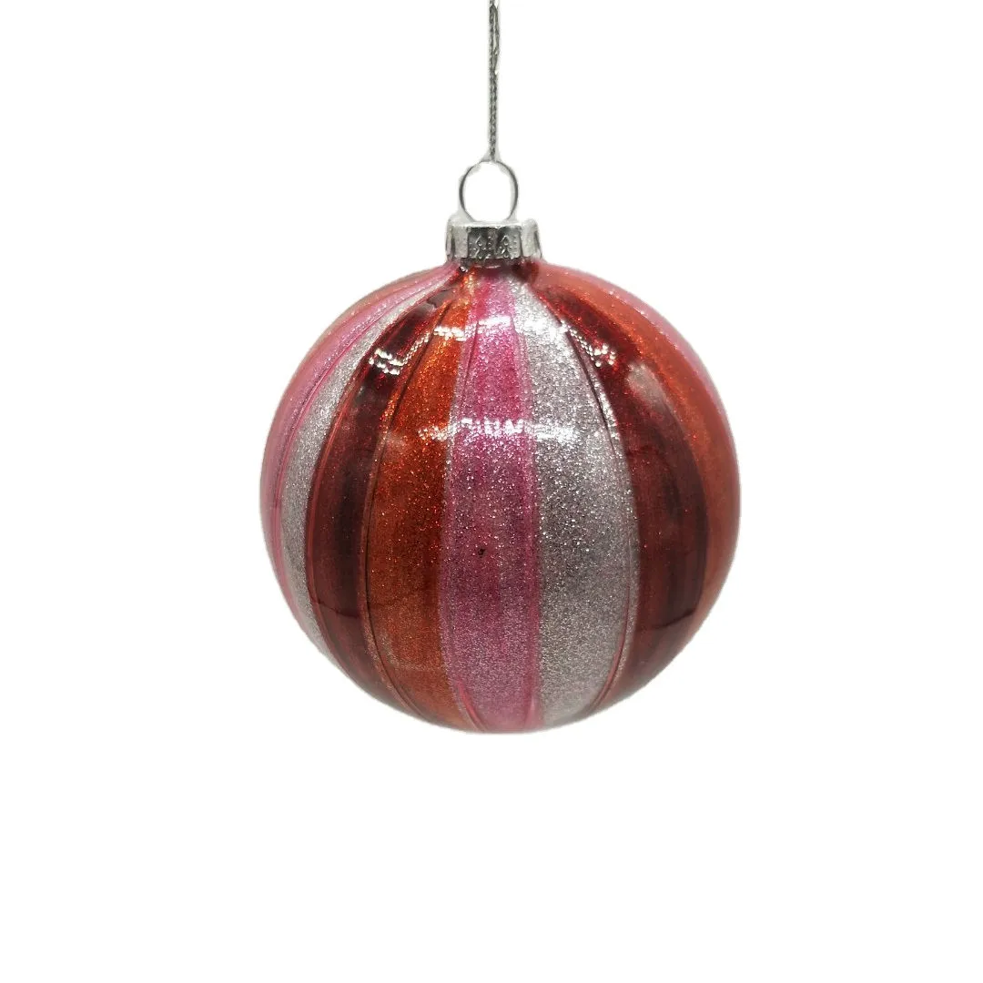 This product is an 8cm pink, red and silver striped glass Christmas bauble ornament, perfect for hanging on your Christmas tree or for use as part of your holiday decorations.