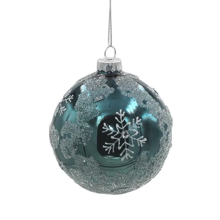 Teal Snowflake Christmas Ornaments Ball, 8CM, for Wholesale, Holiday, Decoration, Xmas Tree, Festival, Glass Ball.