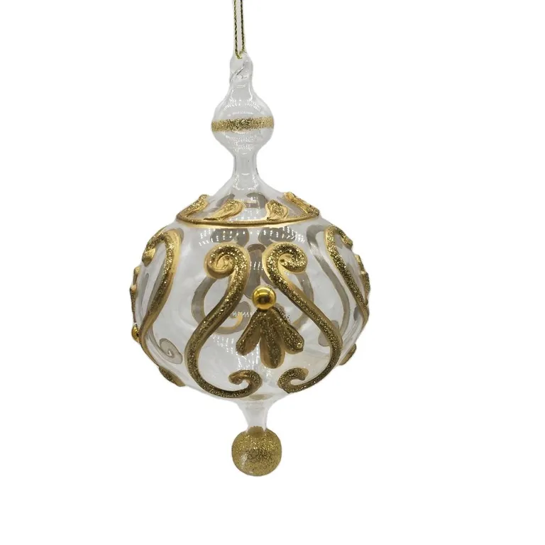 This Christmas ornament ball is a classic holiday decoration with a modern twist. Its transparent glass design showcases a beautiful golden pattern, making it a stunning addition to any Christmas tree.