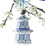 Blue and white hexagonal ginger jar shaped glass ornament, perfect for wholesale buyers seeking unique holiday decor.