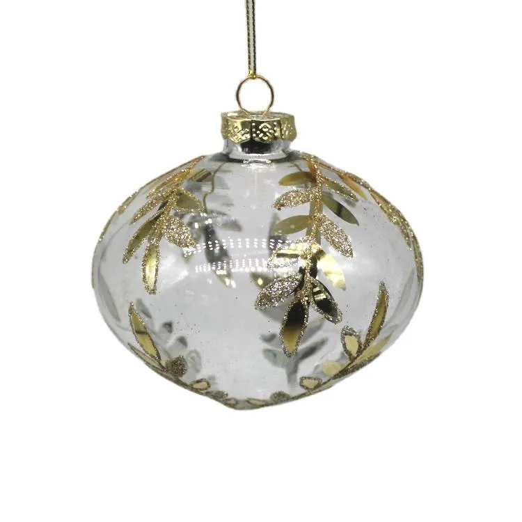This product is a clear glass Christmas ornament ball with a gold leaf design, perfect for adding a touch of elegance to your holiday tree decor.