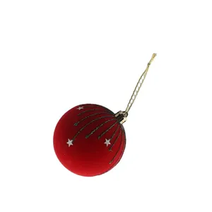 This product is a red flocked Christmas ball ornament with green glitter lines and white stars. It's perfect for holiday and wedding decorations. The anti-slip design ensures safe hanging.