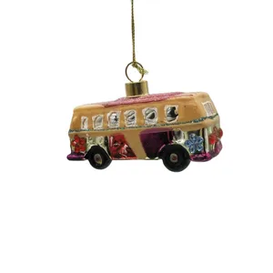 This glass bus Christmas tree ornament features a festive hanging decoration for your holiday tree. It adds a unique and whimsical touch to your Christmas decor.