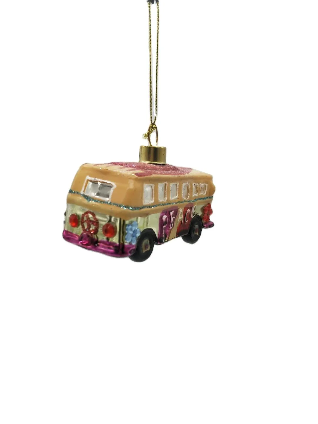 This Christmas tree ornament is made of glass, featuring a bus design.