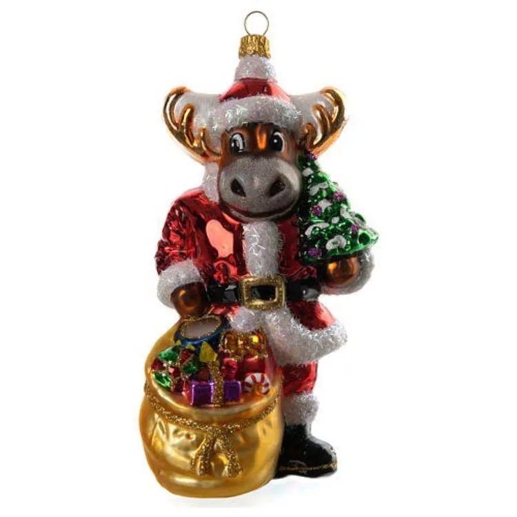 Wholesale Christmas Ornament Reindeer Santa Claus with Presents Glass Christmas Ornament for Christmas Tree Decor. The glass ornament features a reindeer dressed as Santa Claus with a bag of presents and a Christmas tree. It is perfect for adding a touch of festive cheer to your home.