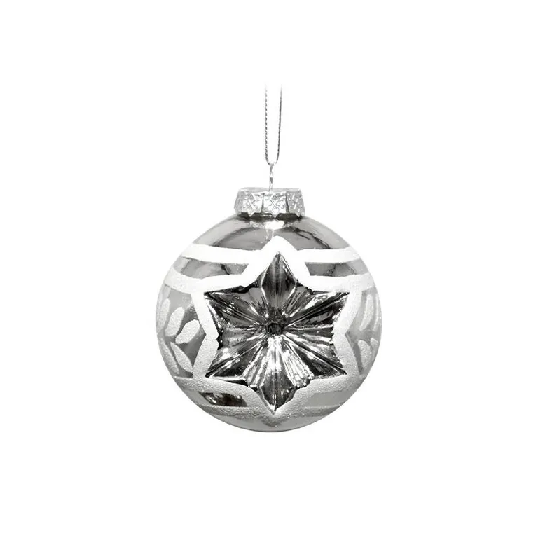 This product is a silver glass Christmas ornament ball with a white star design, perfect for decorating your Christmas tree or holiday events.  Wholesale available.