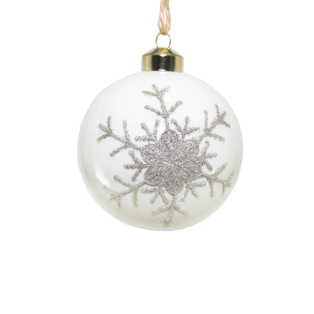 This product is a white Christmas ornament with a silver snowflake design, customizable for wholesale orders.