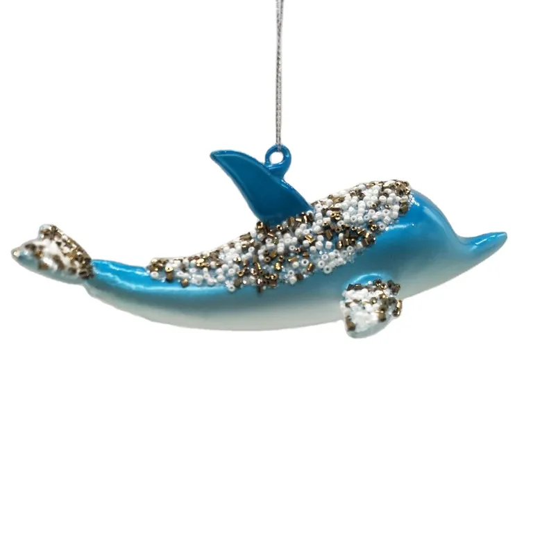 This product is a wholesale blue and gold glass whale Christmas ornament, a unique and festive decoration with sparkling details. Perfect for adding a touch of marine magic to any Christmas tree.