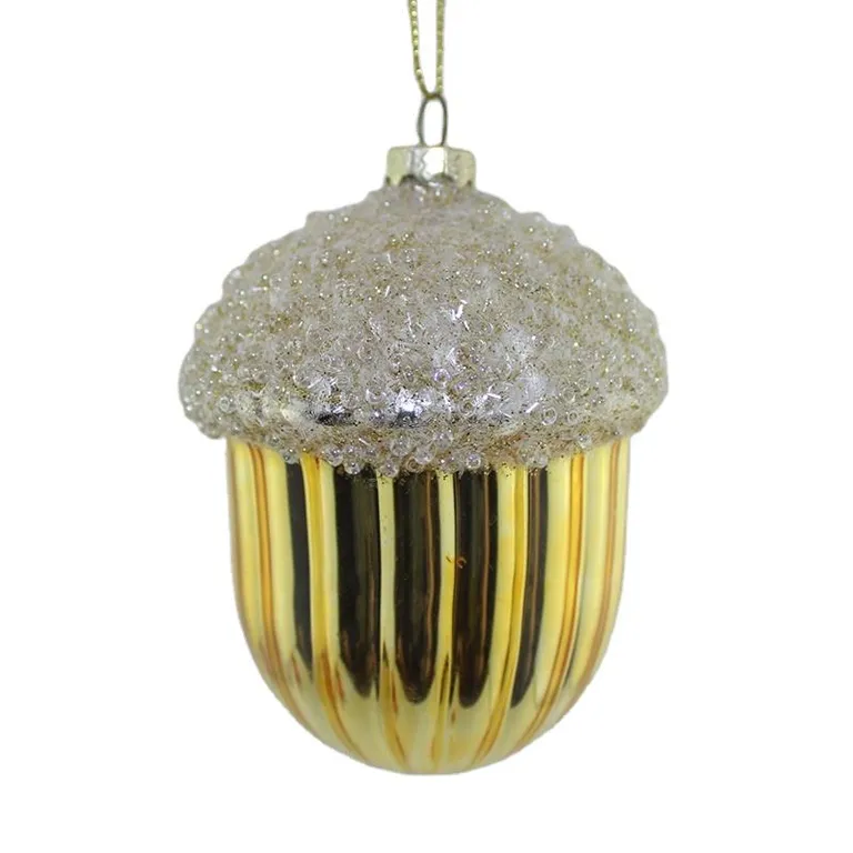 This product is a gold glass acorn Christmas ornament for wholesale, perfect for hanging decoration, Christmas tree, home decor, party decor, and wedding decor.