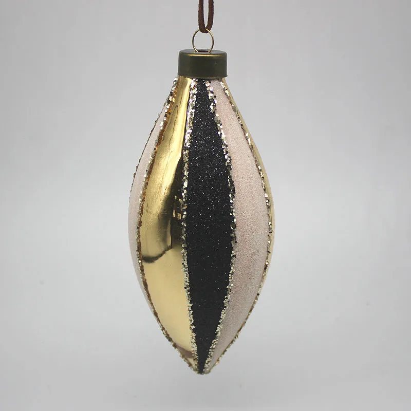 This product is a Christmas ornament made of glass with black and gold stripes and glitter details.