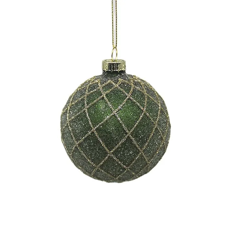 This product is a wholesale Christmas ornament ball with a green glitter finish and a gold lattice design. Perfect for adding a touch of festive cheer to your Christmas tree or holiday décor.