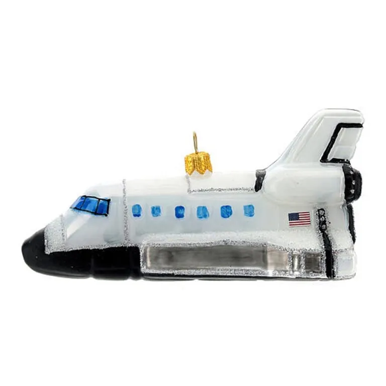 This hand-blown glass ornament, shaped like a space shuttle, is perfect for wholesale. It features intricate details and a festive design, adding a touch of space-age charm to your holiday decor.