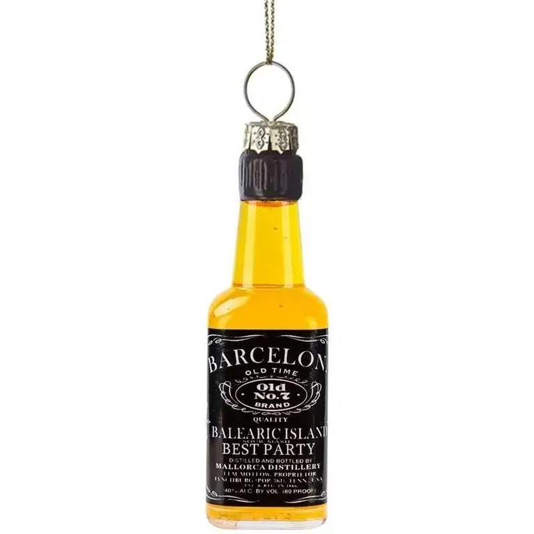 Hand blown glass bottle Christmas ornaments, perfect for liquor brands, party favors, and home décor. Available in whiskey, vodka, rum, red wine, and vintage styles.