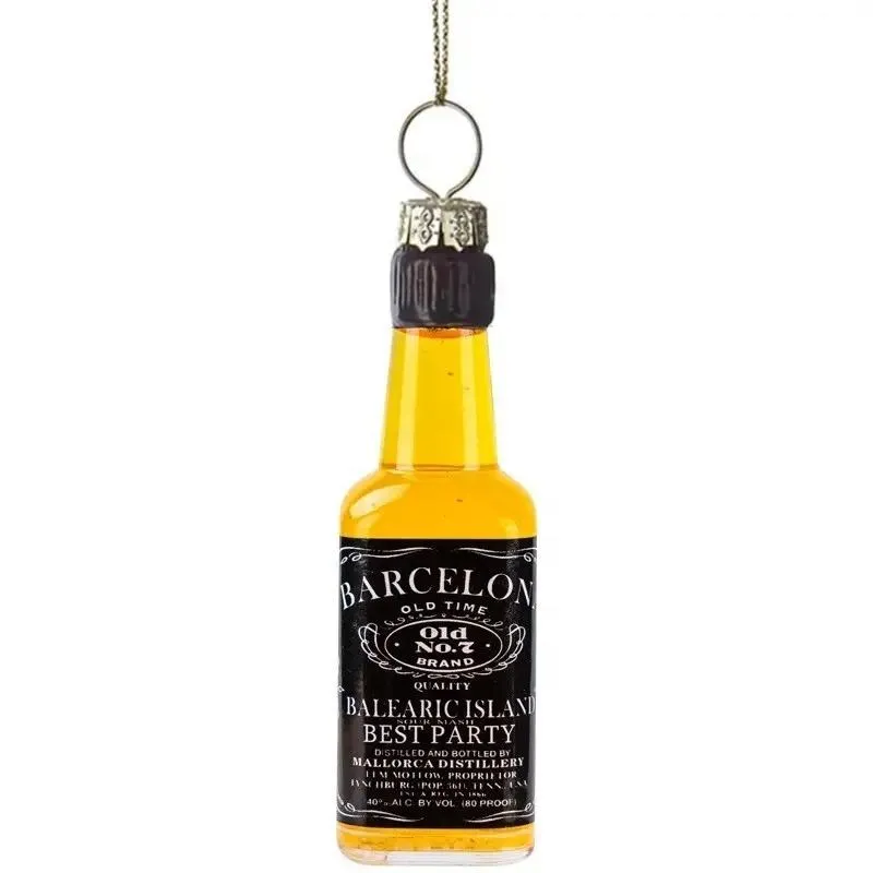 Hand blown glass bottle Christmas ornaments, perfect for liquor brands, party favors, and home décor. Available in whiskey, vodka, rum, red wine, and vintage styles.