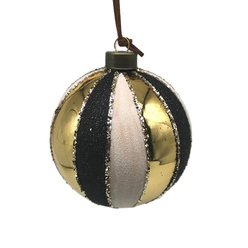 8cm Black & Gold Striped Glass Christmas Ornament Ball, Hand Painted, Ready to Ship, Navidad Decoration