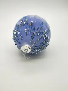 This product is a purple flocked velvet Christmas glass bauble ornament, 8cm, for Xmas tree decor, wholesale.