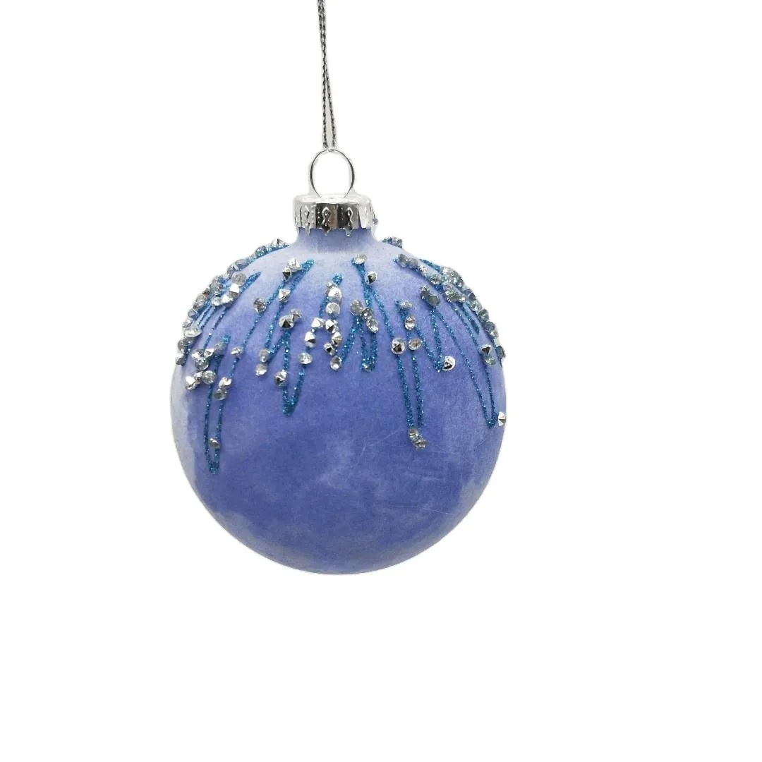 This product is a purple velvet flocked Christmas bauble glass ornament, 8cm in diameter, round, blown glass, for Xmas tree decoration, factory direct sale, high quality, fast delivery, MOQ 500pcs