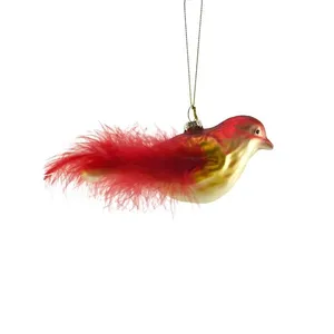 This product is a beautiful and festive Christmas ornament. It features a red glass bird with a long, flowing red feather tail. This product is perfect for adding a touch of whimsy and elegance to your holiday decor.