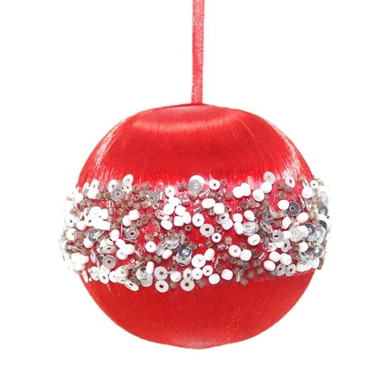 This product is a red velvet flocked Christmas ball ornament with sequins, a festive decoration for holiday celebrations, weddings, and more. Perfect for adding a touch of elegance and sparkle.