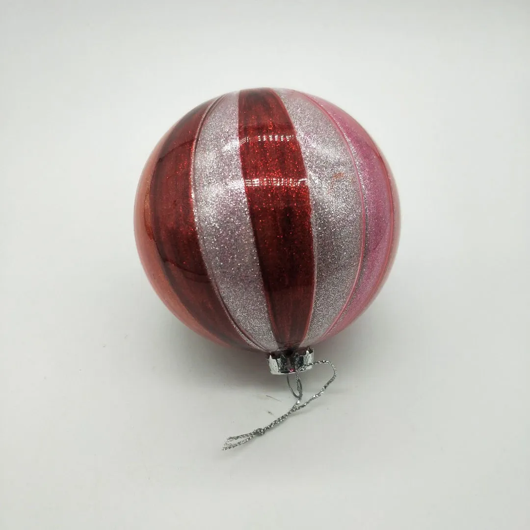 This product has a classic Christmas style, with its red, pink and silver color scheme and striped design. It would look great on a traditional Christmas tree or in a more modern holiday setting.