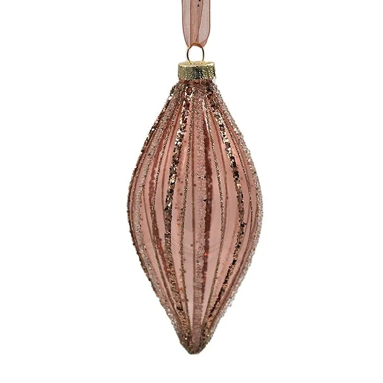Wholesale Rose Gold Glass Christmas Ornaments, Onion Shaped, Clear, with Silk Ribbon, for Tree Hanging Decoration.
