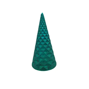 Teal glass conical Christmas tree ornament, a decorative piece perfect for tabletop displays during the holiday season.