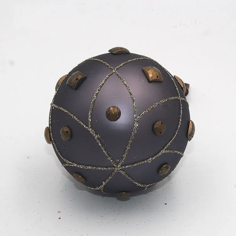 80mm round dark purple matte glass Christmas bauble with gold glitter accents and decorative metal accents for wholesale orders.