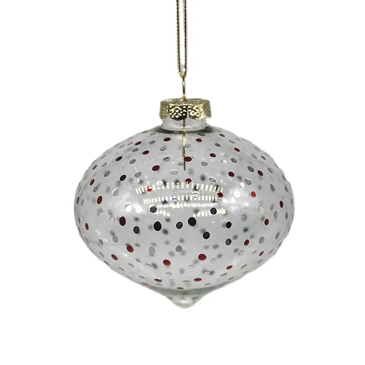 8cm clear onion shape Christmas glass bauble ball ornament with red and silver dots, suitable for hanging on Christmas trees or for holiday decorations.