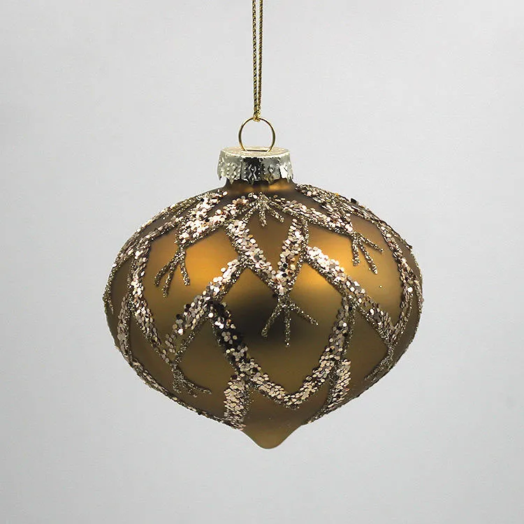 This Christmas ornament is made by hand, showcasing intricate details and a charming onion shape.
