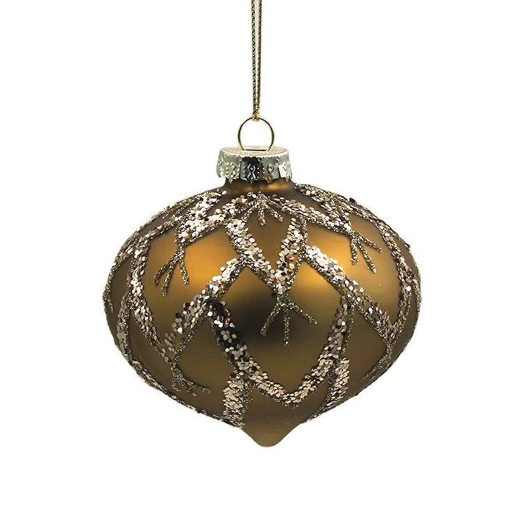 This glass Christmas ornament is onion-shaped, featuring a brown hue and intricate sequin detailing. It's ideal for wholesale, home decoration, and festive tree hanging.
