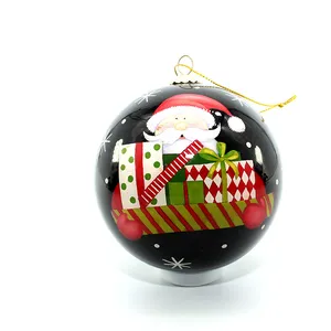 This product is a glass ball Christmas ornament. It features a black Santa Claus with gifts painted on the inside of the ball.