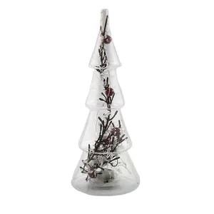 This product is a pyramid-shaped clear LED lighted glass Christmas tree with red berries, a wholesale artificial decor for Christmas home decoration.