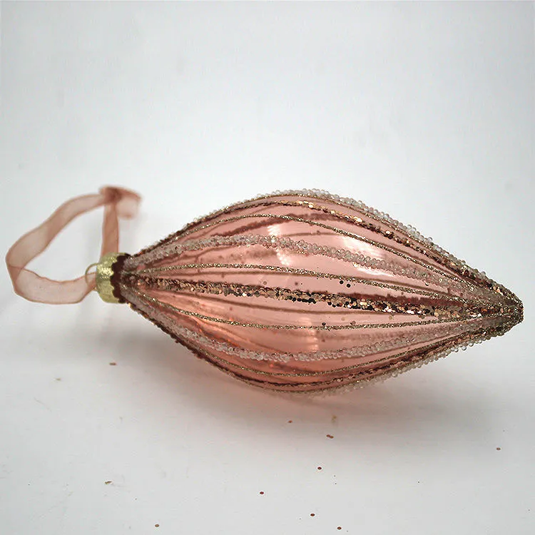 This product is made of glass, with a rose gold color and onion shape, and is transparent, making it perfect for adding a touch of elegance to your Christmas tree.