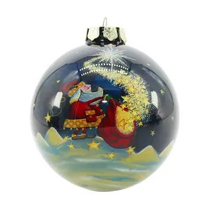 This whimsical Christmas ornament showcases Santa Claus flying through a starry night sky, his bag overflowing with glittering stars.  The hand-painted details and vibrant colors bring festive joy to any holiday décor.