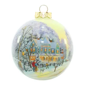 This product is a Christmas tree glass ball ornament with a beautiful winter scene. It features a hand painted design of a house, people, and a dog in a snowy setting. The ornament is made of high quality glass. It's perfect for adding a touch of holiday cheer to your home.