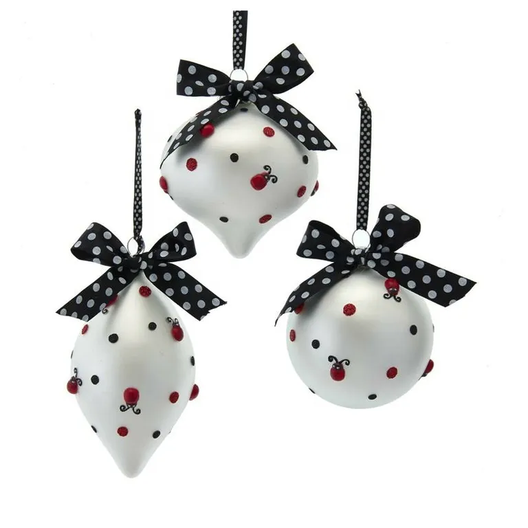 White glass Christmas ball ornaments with black and white polka dot ribbon, featuring ladybugs and red dots for wholesale.