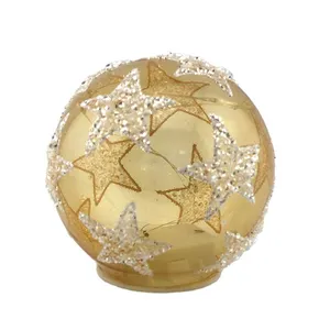 This product is a wholesale LED light gold clear flat bottom Xmas glass bauble ornament, perfect for holiday party and wedding decoration.