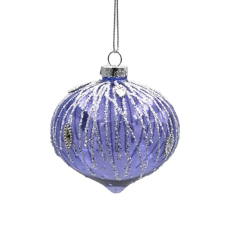 Wholesale Clear Purple Glass Ball Christmas Ornament with Onion Shape, for Xmas Decoration. This product is perfect for adding a touch of elegance to your Christmas tree or home decor. It is made of high-quality glass and features a beautiful purple hue with silver glitter accents. The onion shape adds a unique and festive touch.